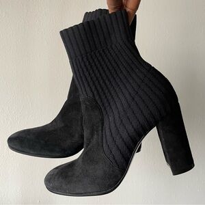 GIANVITO ROSSI Round-Toe Suede Knit Stretch Bootie in black- women’s euro 36.5